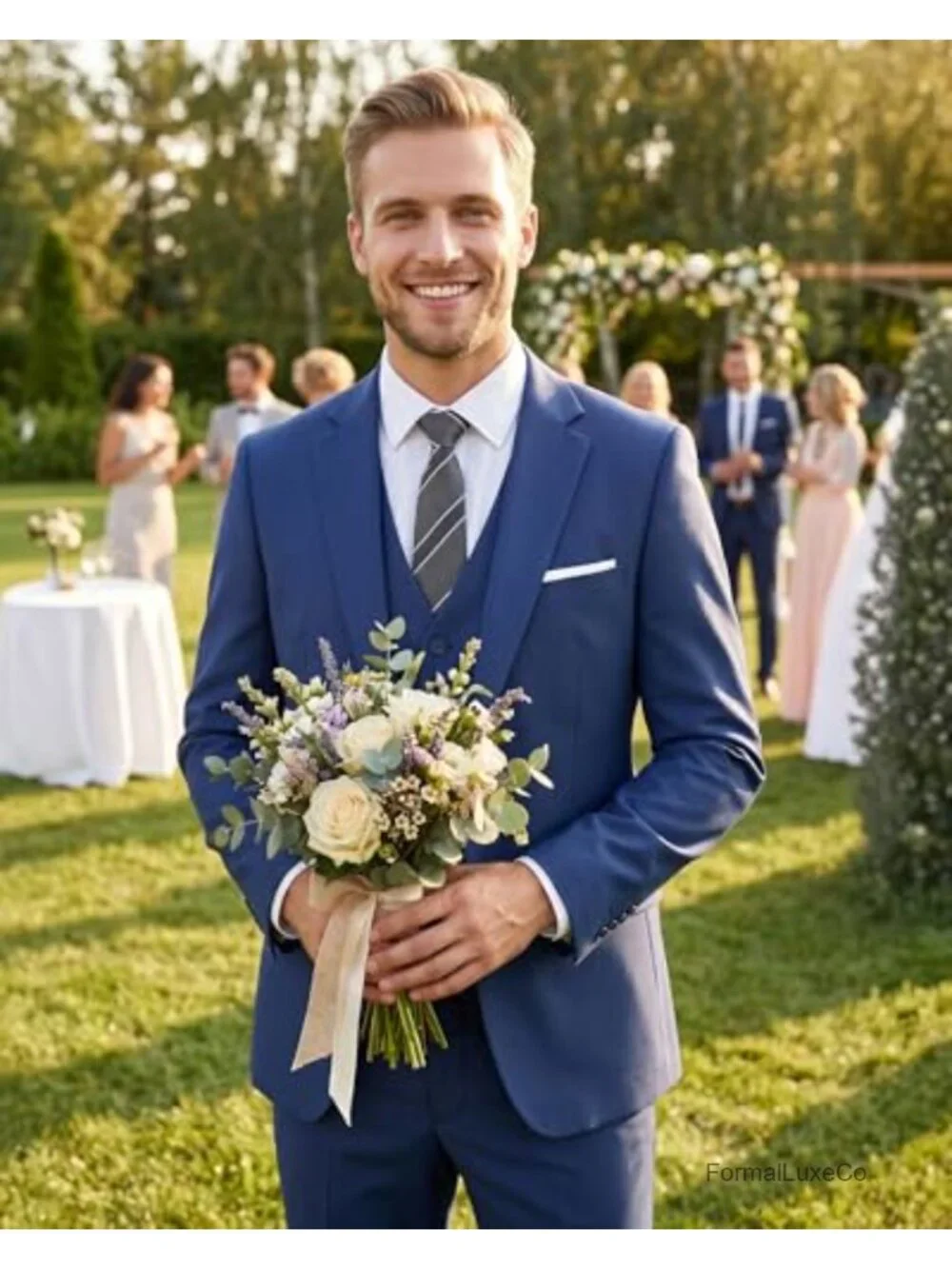 3-Piece Men's Slim Fit Suit Set with Vest and Tie, Polyester Spandex, Wedding